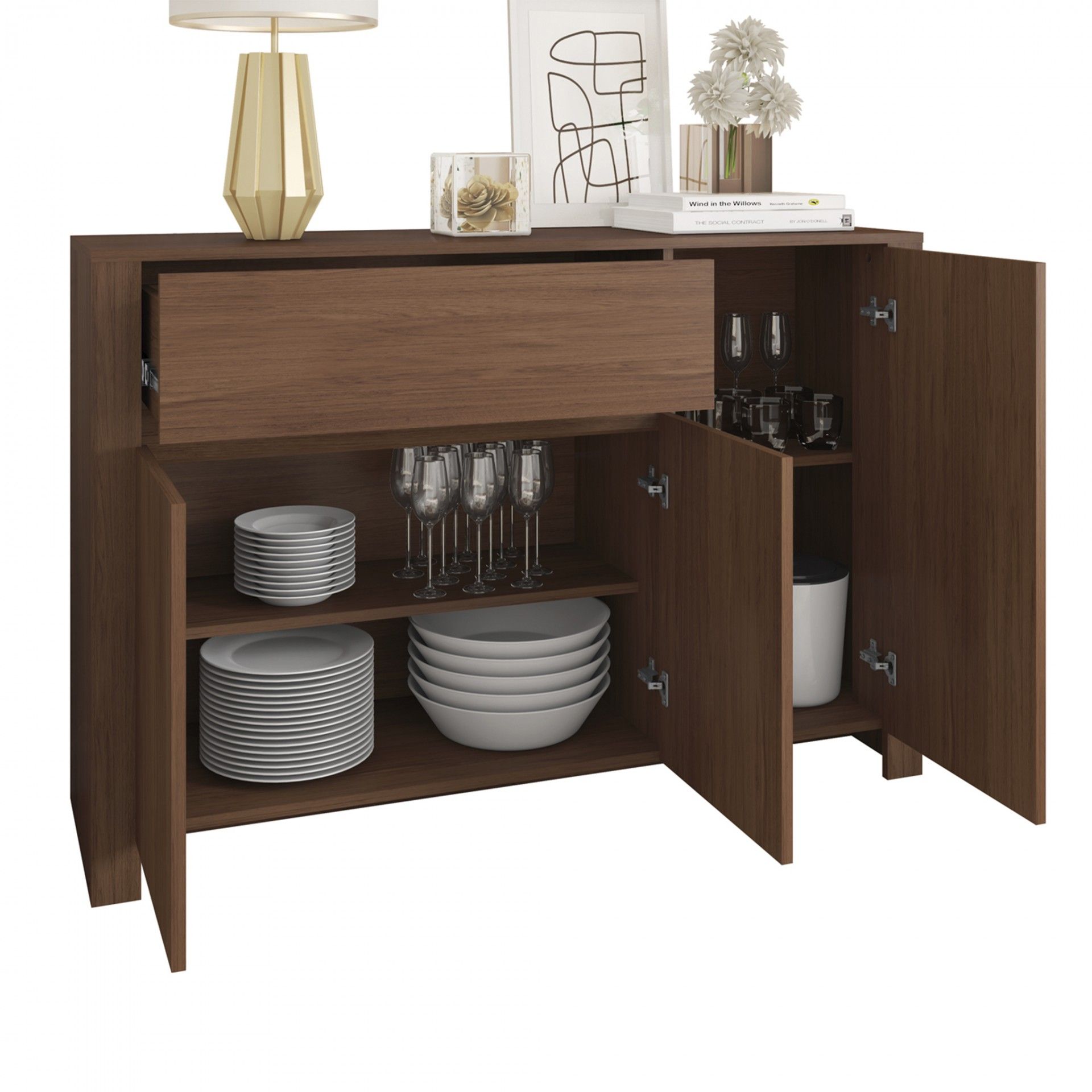 Móvel buffet em madeira escura com utensílios de cozinha e decoração