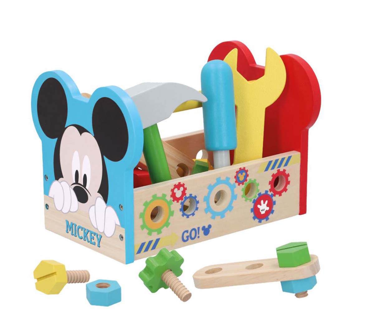 Brinquedo ferramentas de madeira coloridas com orelhas do Mickey e as palavras MICKEY e GO!