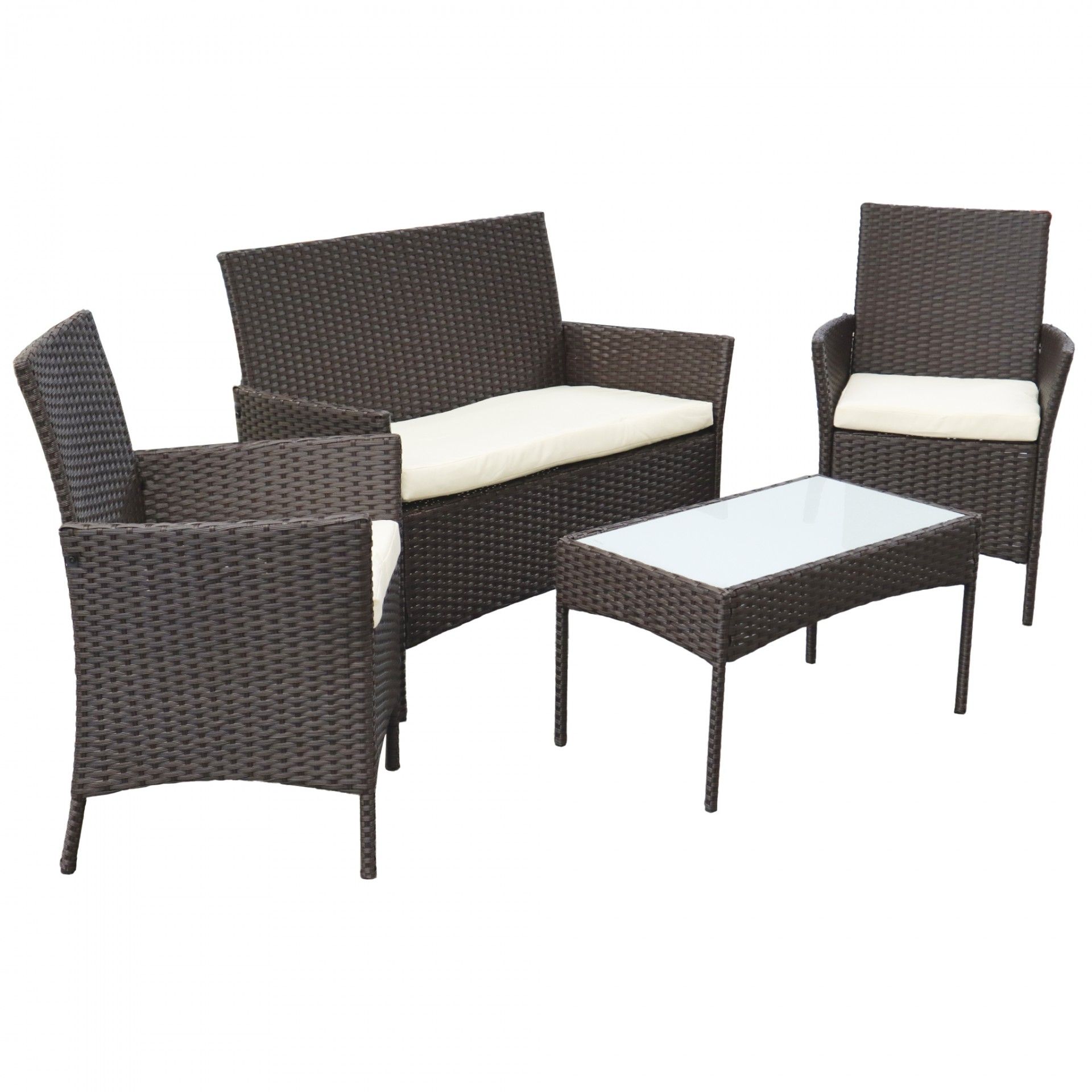 Conjunto de móveis de jardim em vime castanho com almofadas brancas e mesa com tampo de vidro