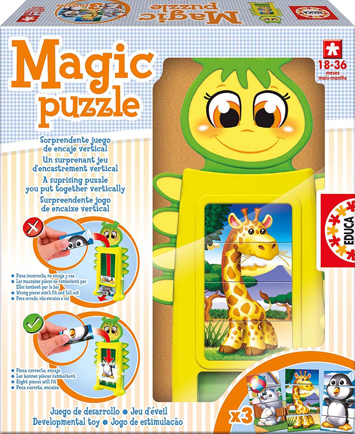Embalagem de jogo Magic Puzzle Educa com imagens de girafa e pinguim.