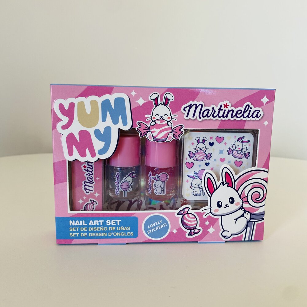 Conjunto Martinelia Yummy para decoração de unhas com verniz e autocolantes em embalagem rosa