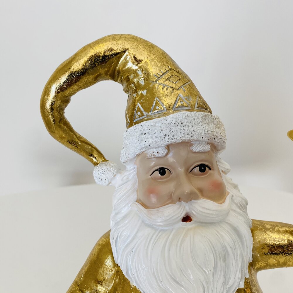 Estátua decorativa de Pai Natal com gorro dourado e barba branca