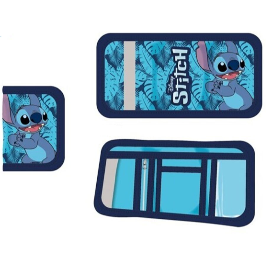 Conjunto de carteira, estojo e bolsa azul com personagem Stitch e padrão floral