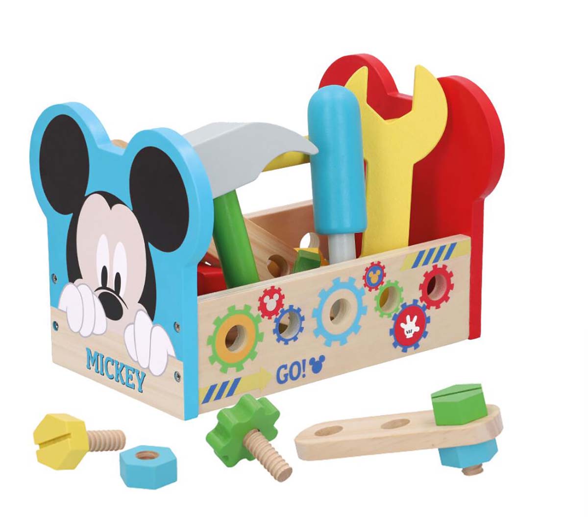 Caixa de ferramentas de brinquedo de madeira colorida com orelhas de Mickey Mouse