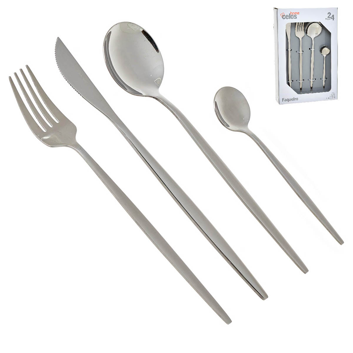 Conjunto de talheres em aço inoxidável com garfo, faca, colher de sopa e colher de chá