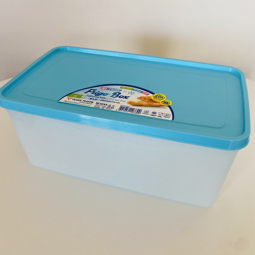 Caixa plástica translúcida com tampa azul e etiqueta Freezer Box.