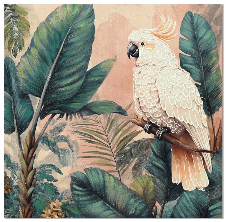 Pintura de papagaio branco em ramo com folhas tropicais verdes ao fundo