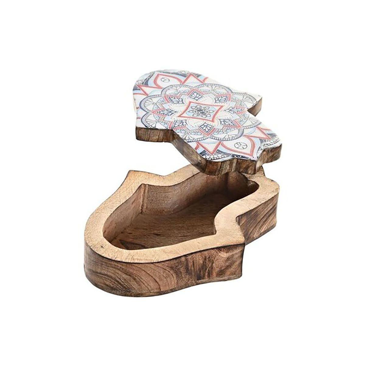 Caixa de madeira decorativa com tampa estampada aberta em fundo branco.