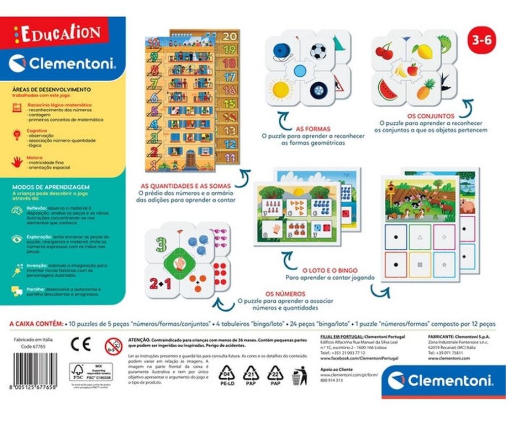 Embalagem do jogo educativo Clementoni com puzzles de números, formas e conjuntos para crianças de 3 a 6 anos.