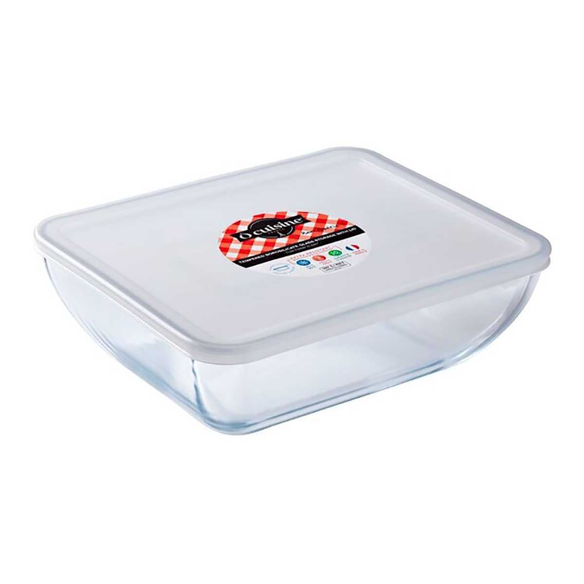 Recipiente quadrado transparente em vidro com tampa branca opaca e etiqueta