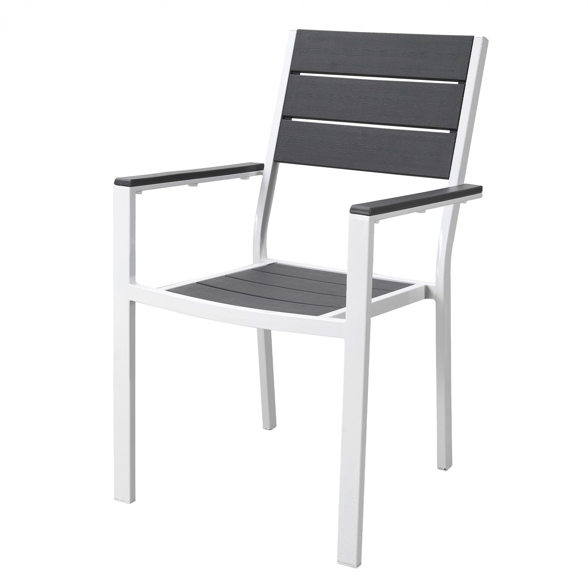 Cadeira de jardim branca com tábuas cinza escuras