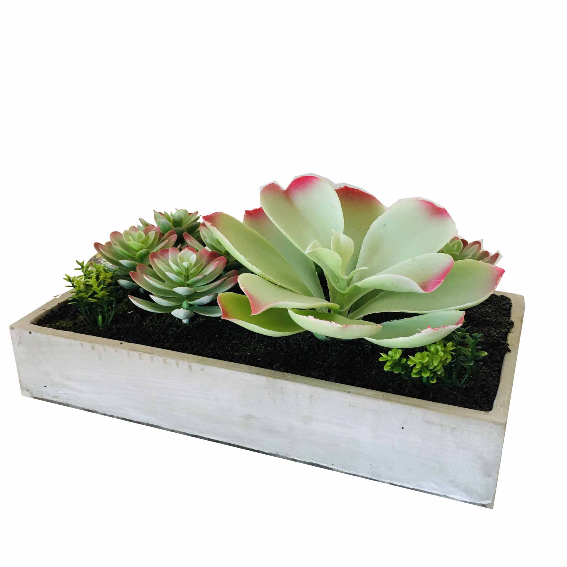 Planta artificial com suculentas em vaso retangular branco