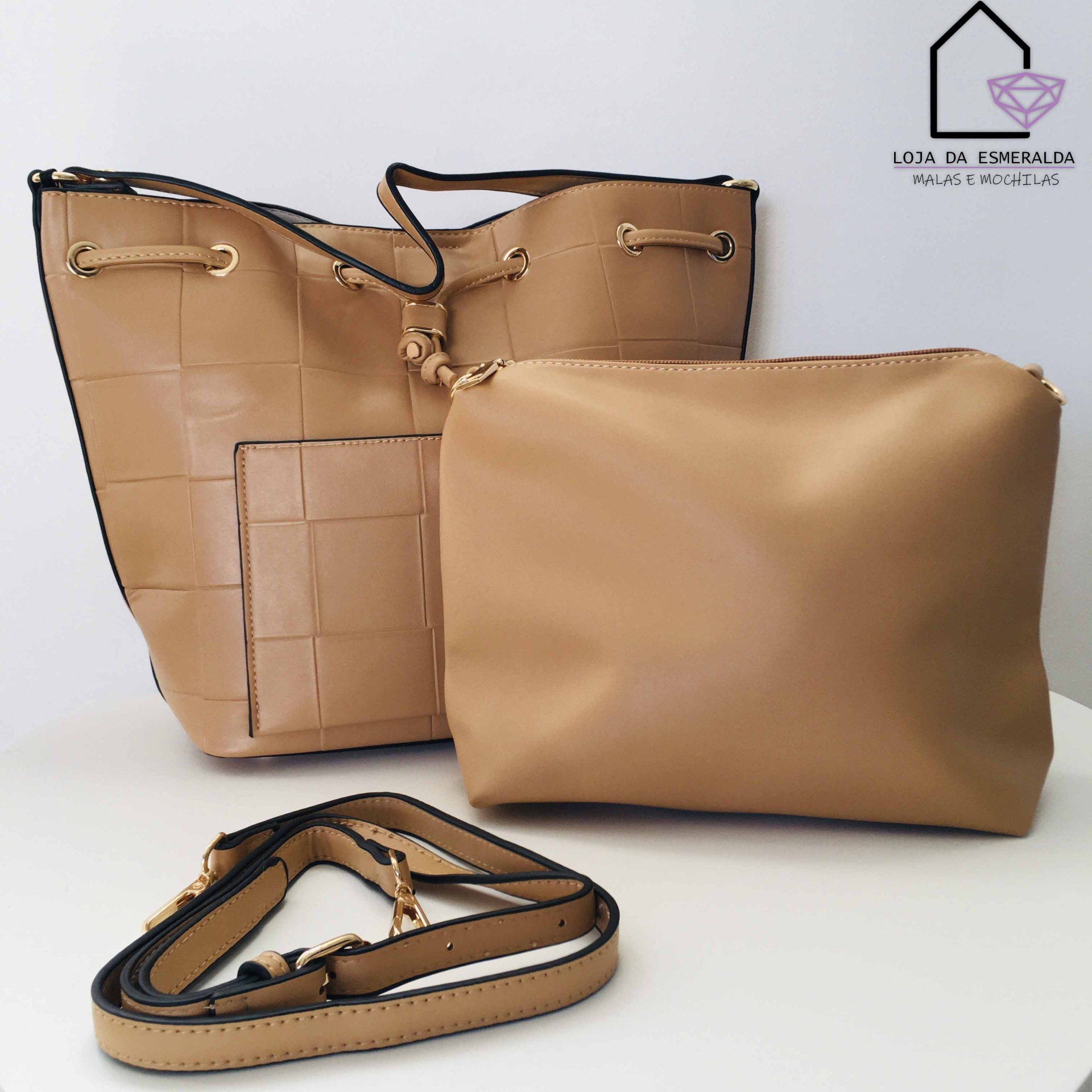 Conjunto bege de mala e porta-moedas em pele sintética com alça destacável