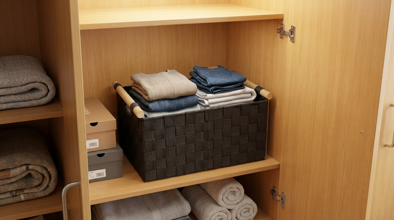 Armário de madeira claro com cestos pretos e roupa dobrada e enrolada
