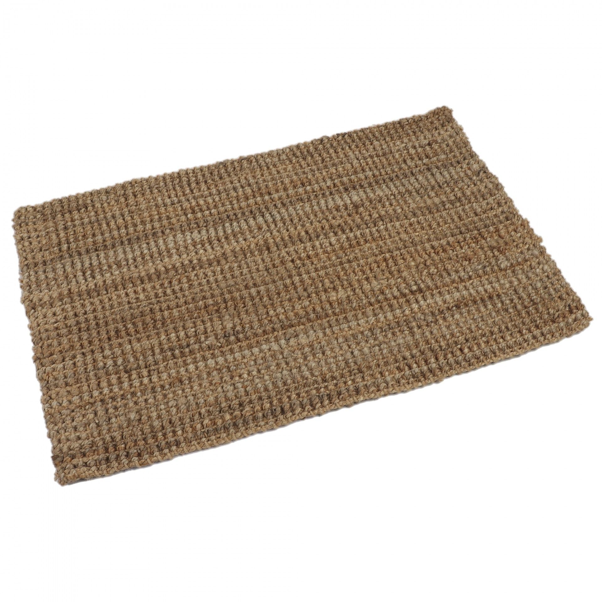 Tapete rectangular castanho de fibras naturais com textura entrelaçada