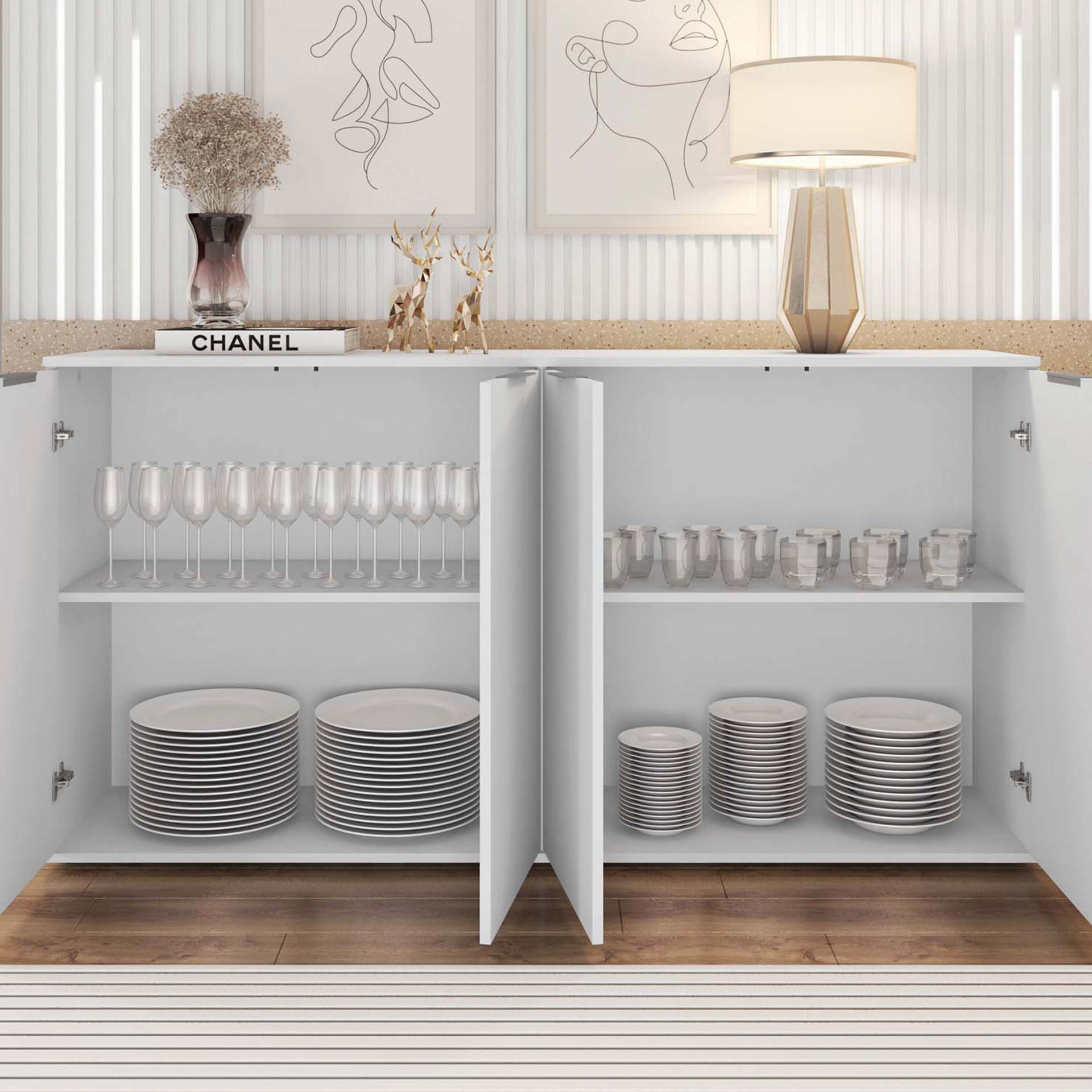 Armário branco aberto com taças, copos e pratos empilhados, e decoração moderna ao fundo