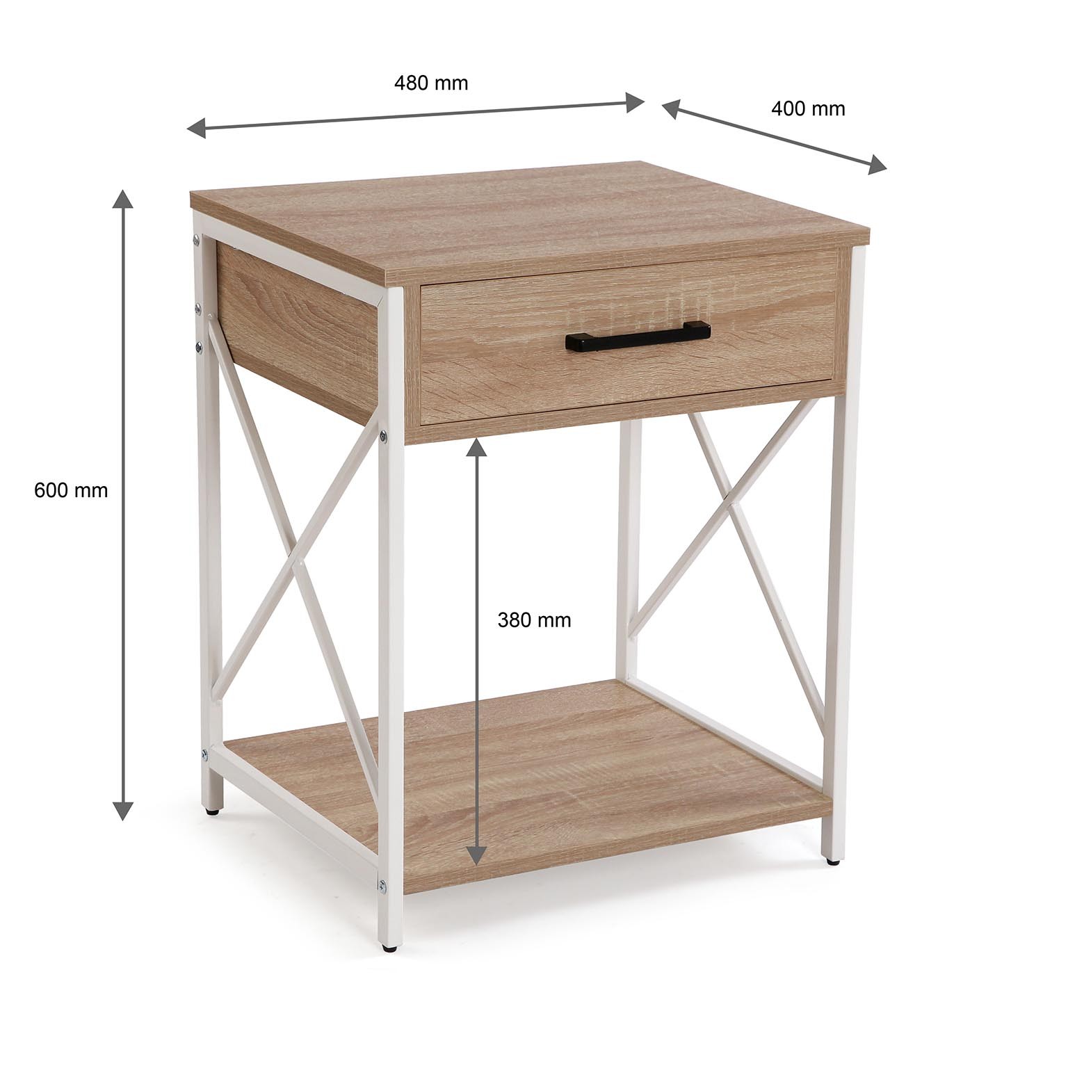 Mesa de cabeceira metálica branca com tampo e prateleira de madeira clara e gaveta com puxador preto