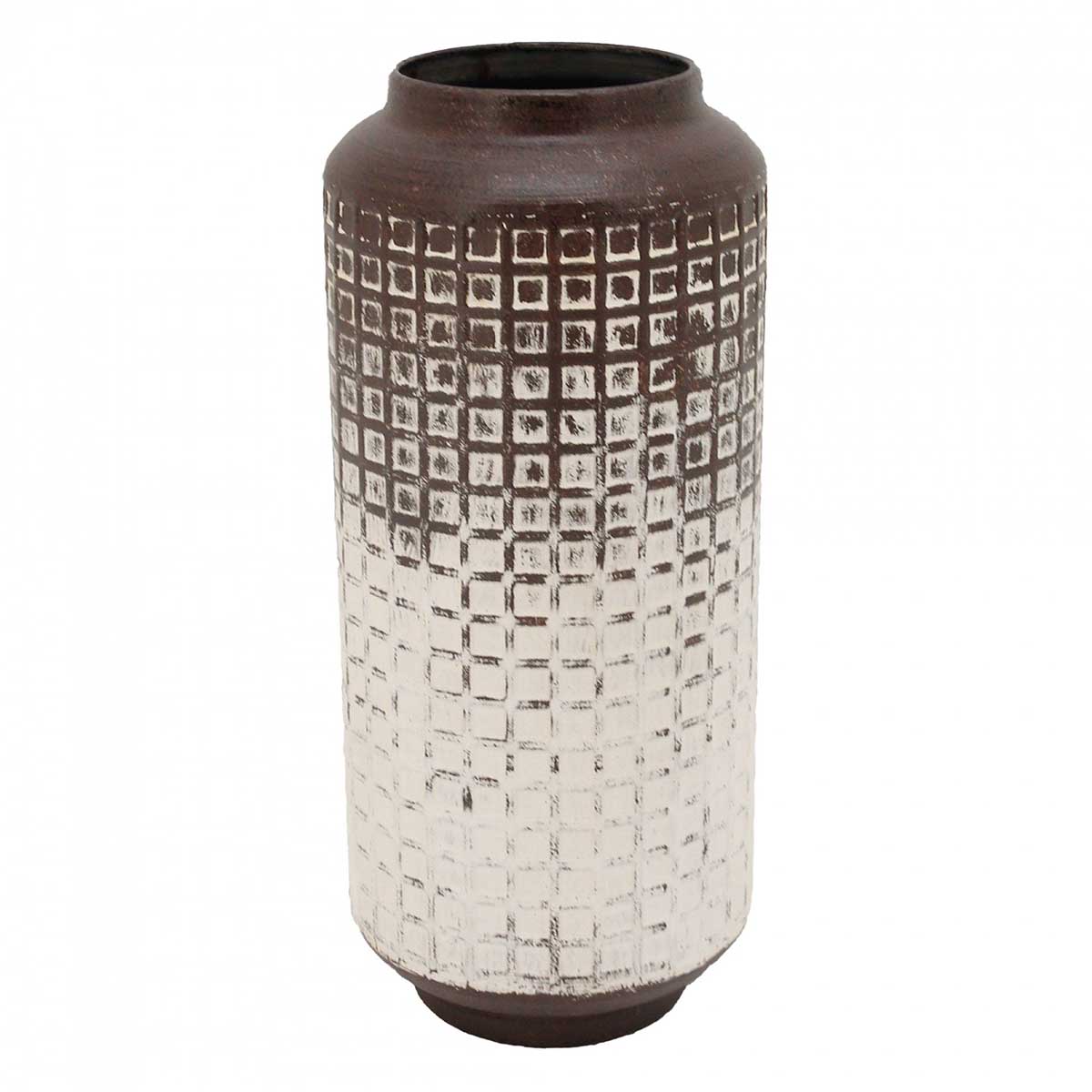 Vaso cerâmico castanho e creme com relevo quadrado