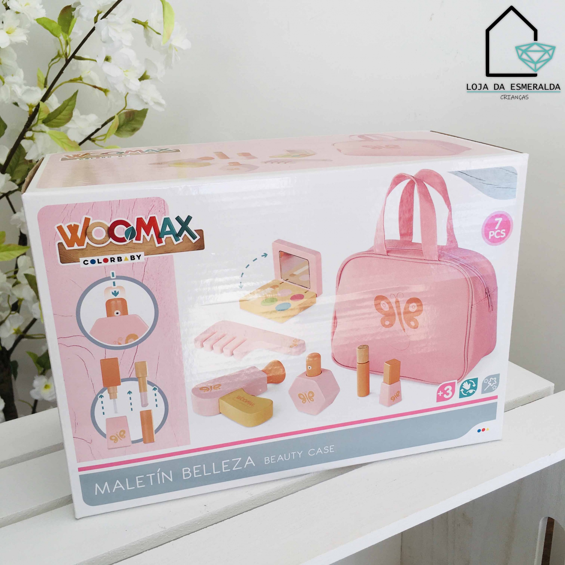 Mala de beleza para brincar rosa com acessórios em caixa