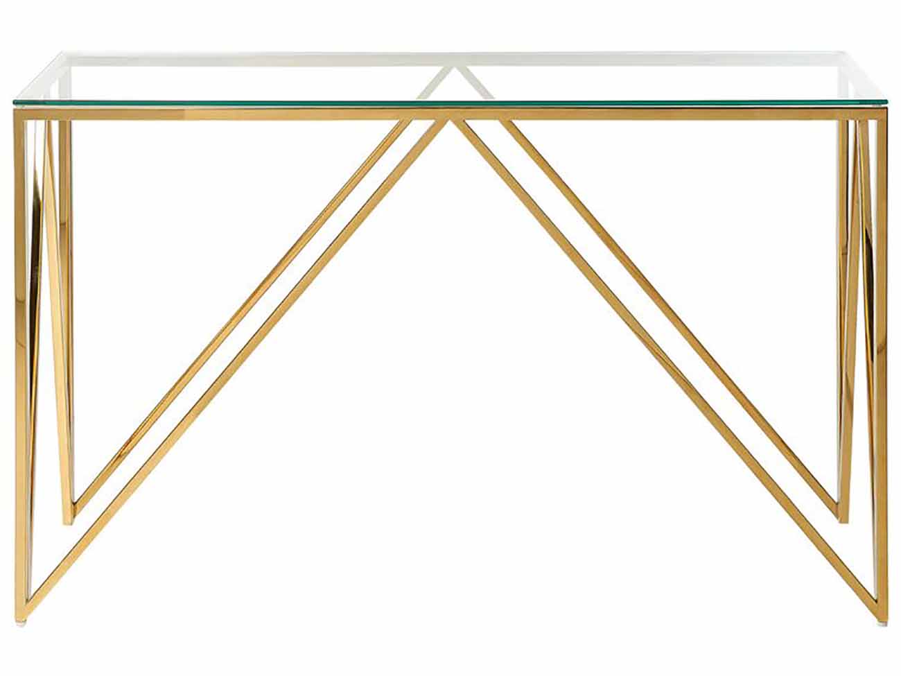 Mesa com tampo de vidro e estrutura dourada