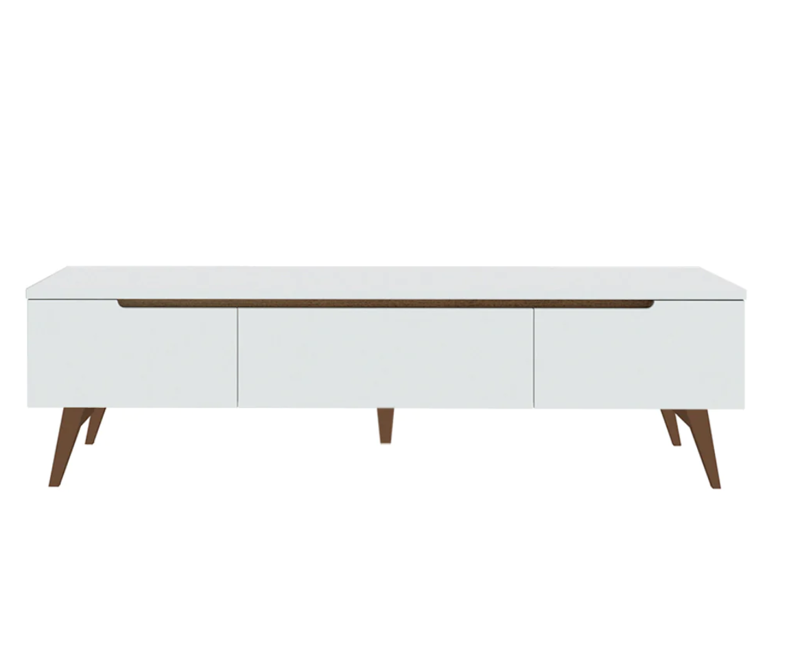 Móvel branco com portas frontais e pernas de madeira