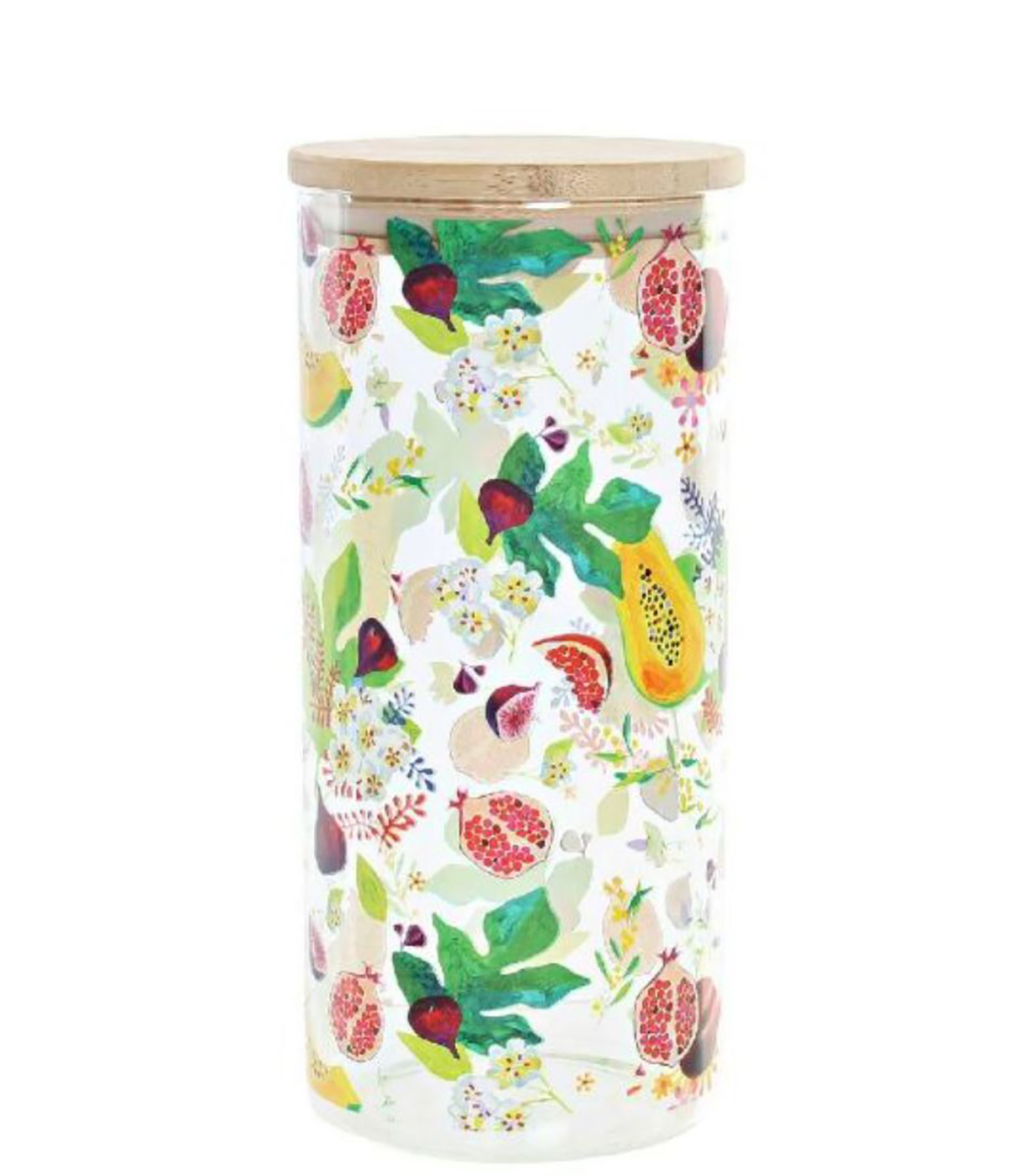 Frasco de vidro decorado com frutas e flores com tampa de madeira