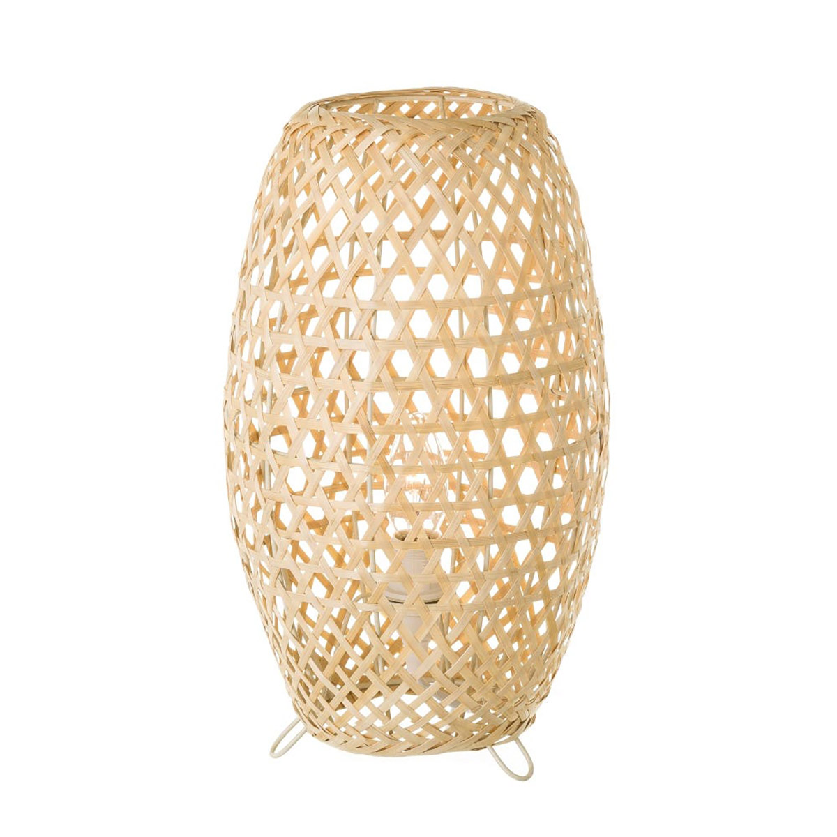 Abajur oval de vime com base metálica sobre fundo branco