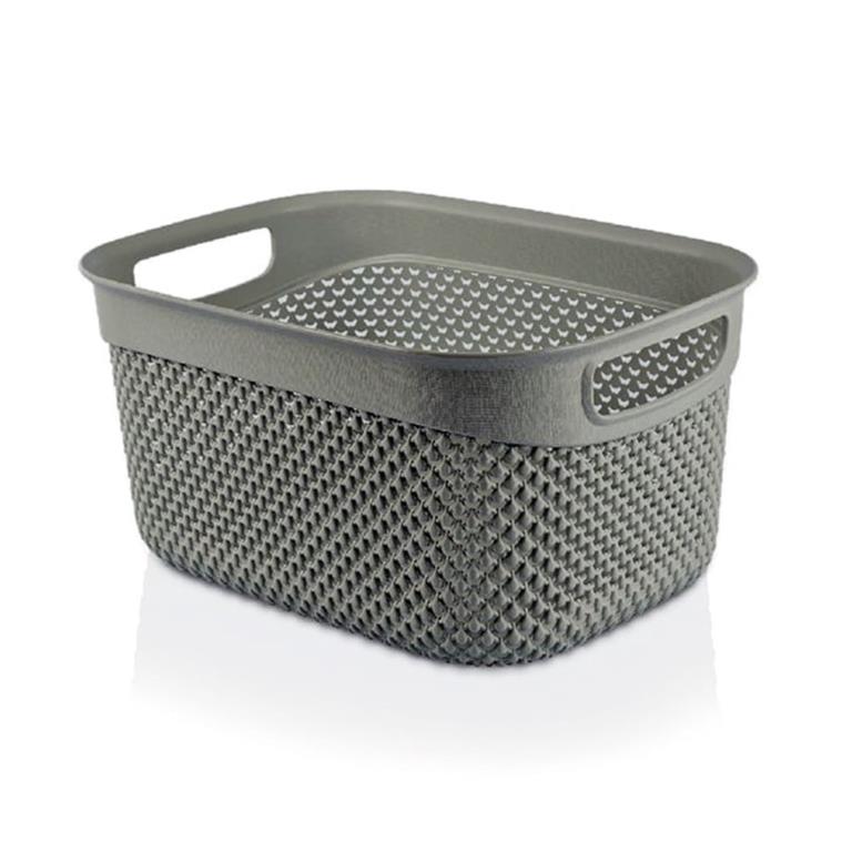 Cesto retangular cinza em plástico com padrão entrelaçado