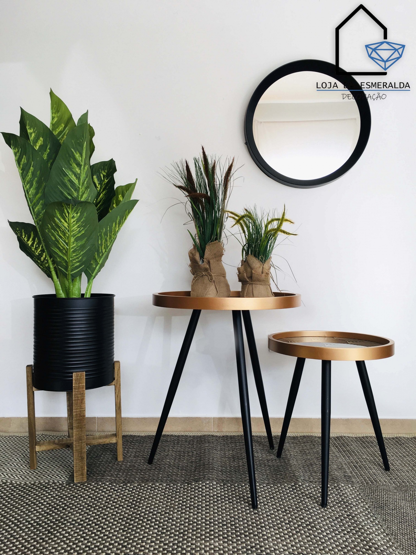 Mesa pequena redonda dourada com pernas pretas, cachepô preto com planta verde e espelho redondo na parede