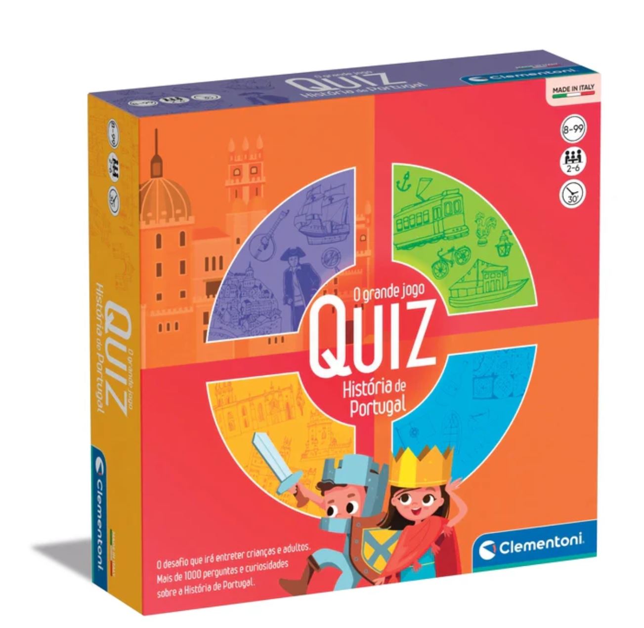 Embalagem do jogo de tabuleiro O grande jogo QUIZ História de Portugal colorida com personagens e ícones culturais
