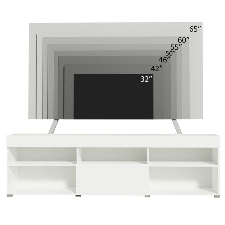 Televisão preta numa mesa de televisão branca com tamanhos indicados no ecrã.