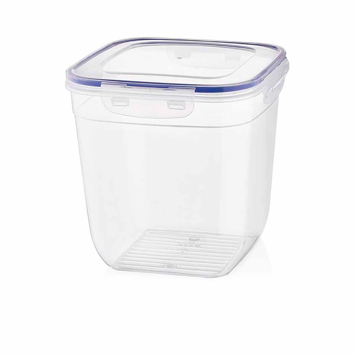 Recipiente plástico quadrado transparente com tampa lilás e fechos laterais