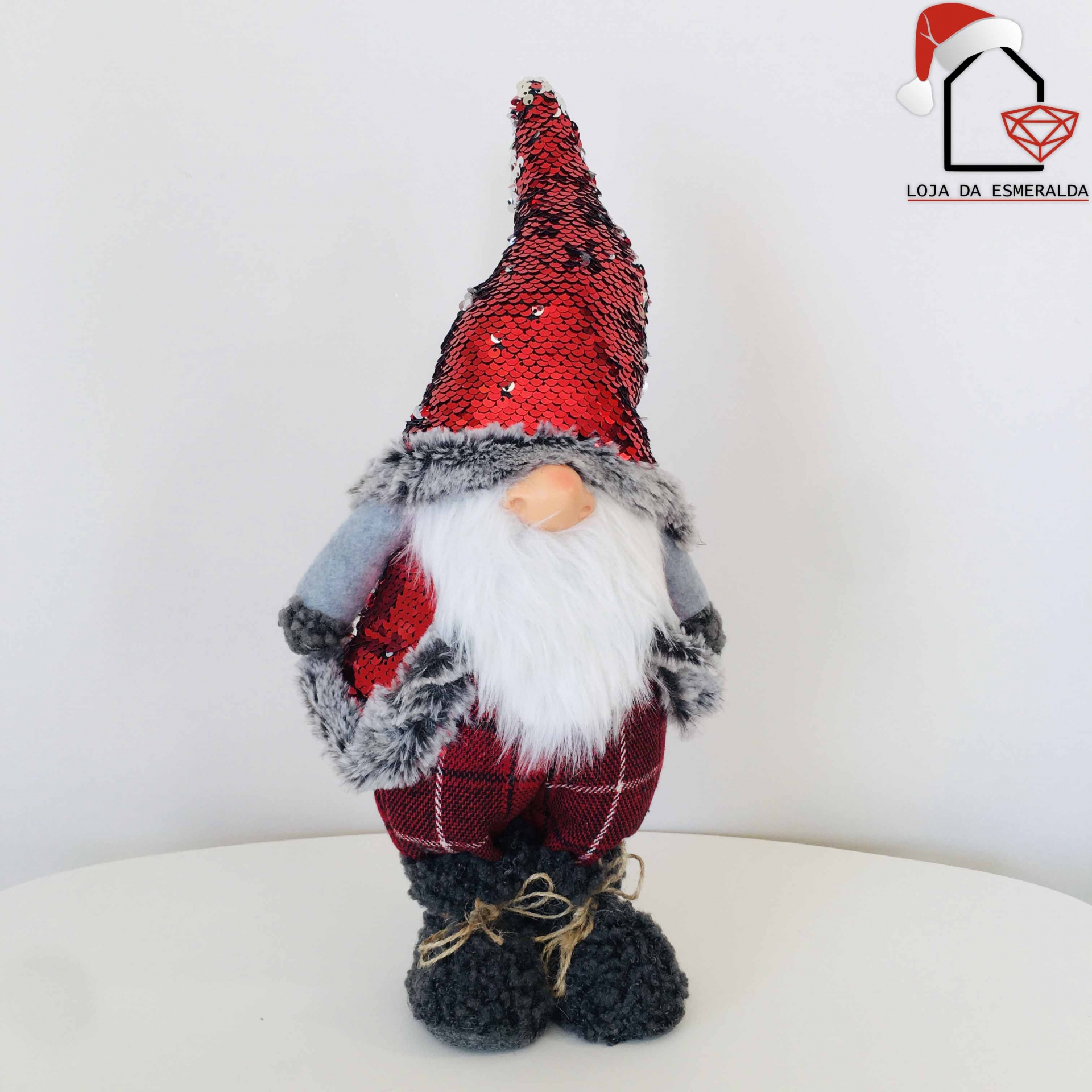Figura decorativa de Natal tipo duende com chapéu vermelho de lantejoulas e barba branca
