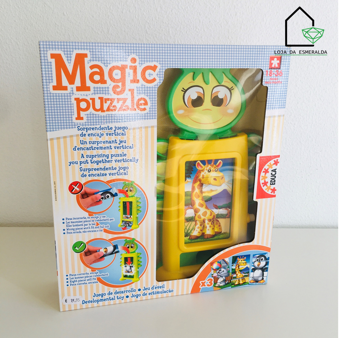 Quebra-cabeças Magic puzzle vertical para crianças com figura de coruja e imagem de girafa