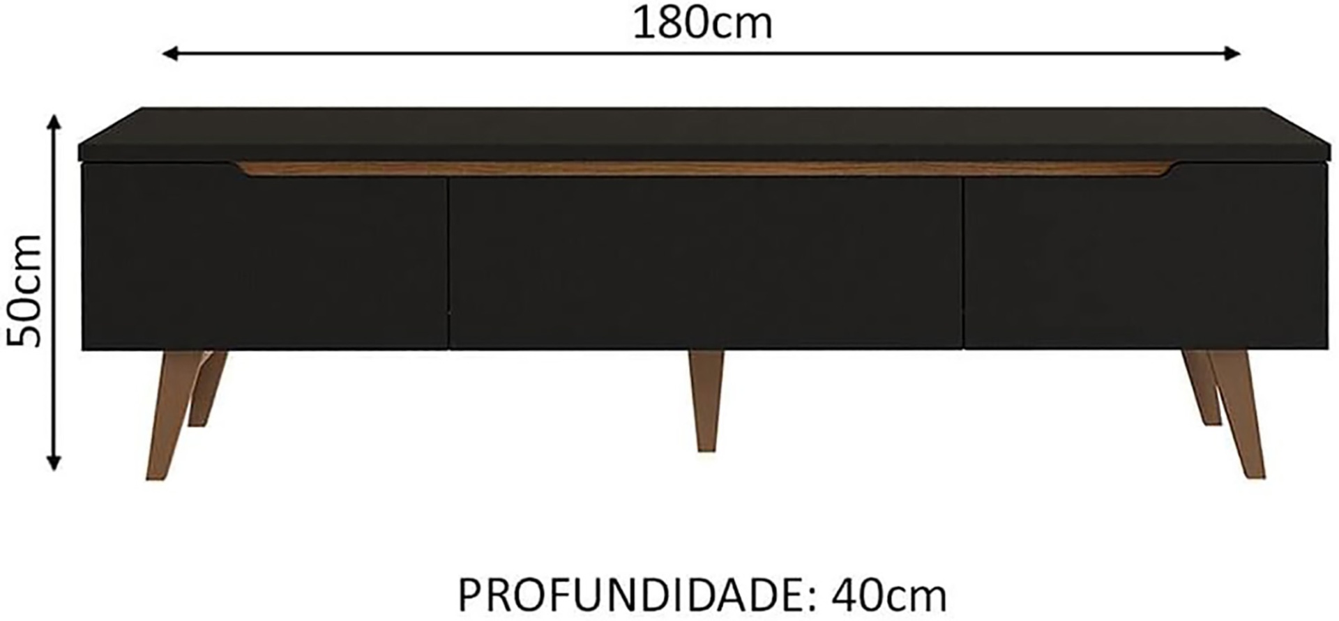 Móvel de televisão preto com três gavetas e pernas de madeira clara