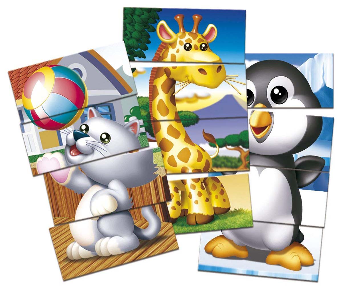 Três puzzles infantis de blocos com desenhos de gato, girafa e pinguim