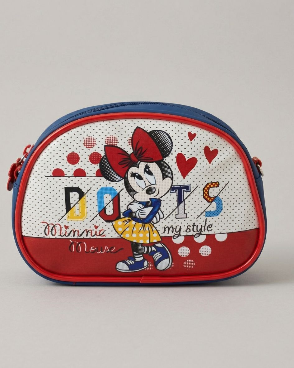 Mala colorida com imagem da Minnie Mouse e texto DOTS Minnie Mouse my style