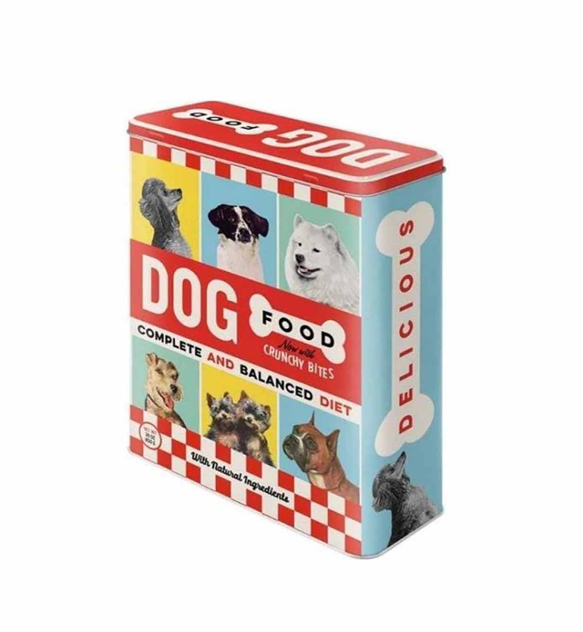 Embalagem metálica para comida de cães com imagens e texto coloridos