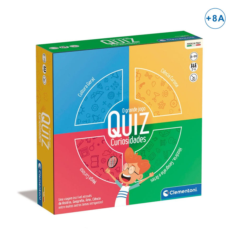 Embalagem do jogo Quiz Curiosidades da Clementoni com cores azul, amarelo, vermelho e verde e ilustração de criança.