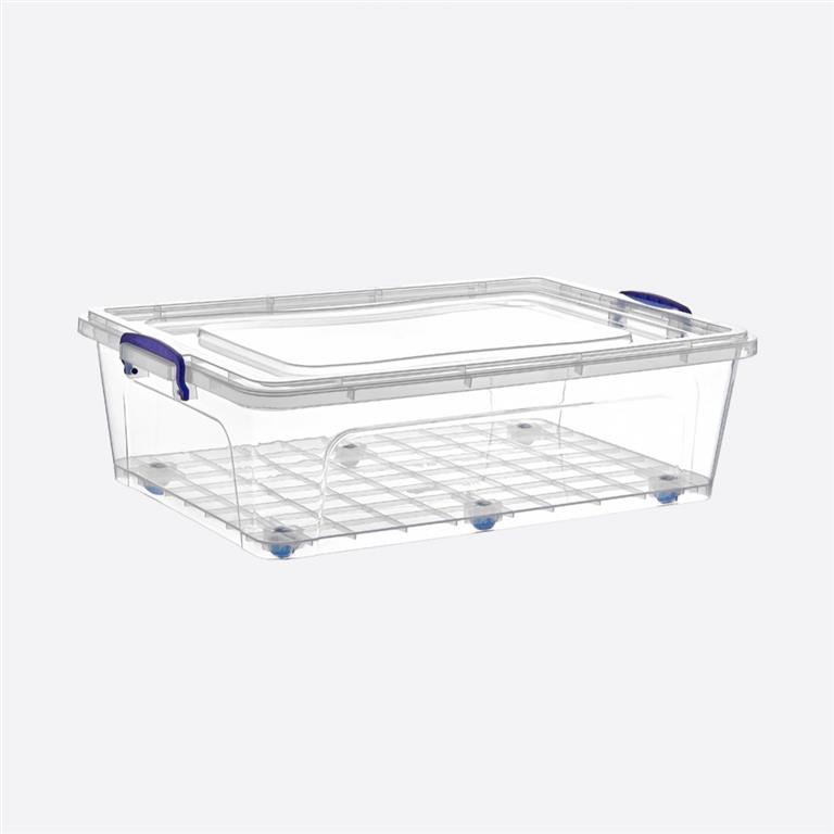 Recipiente transparente retangular com tampos e fechos azuis.