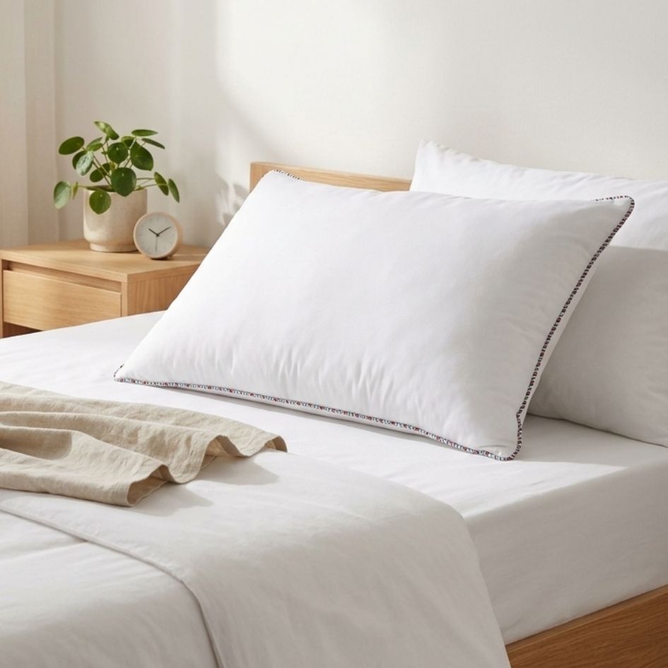 Cama com almofada branca e mesa de cabeceira com planta e relógio