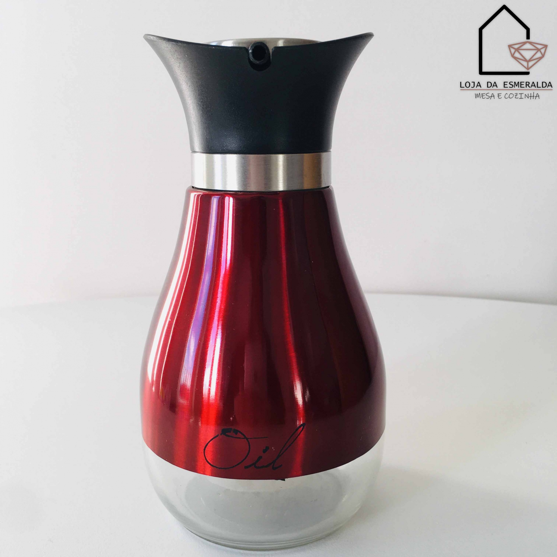 frasco de vidro e metal para óleo com tampa preta