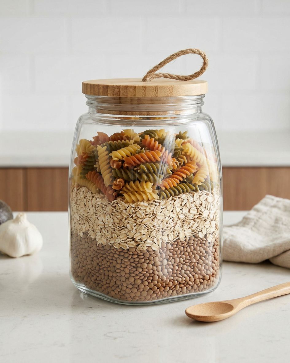 Frasco de vidro com tapa de madeira contendo lentilhas, aveia e massa tricolor numa bancada de cozinha.