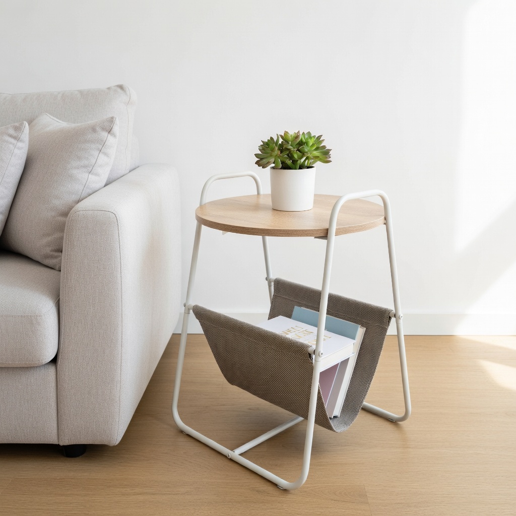 Mesa lateral metálica com tampo em madeira, suporte de tecido para revistas e planta suculenta em vaso branco ao lado de sofá cinza claro.