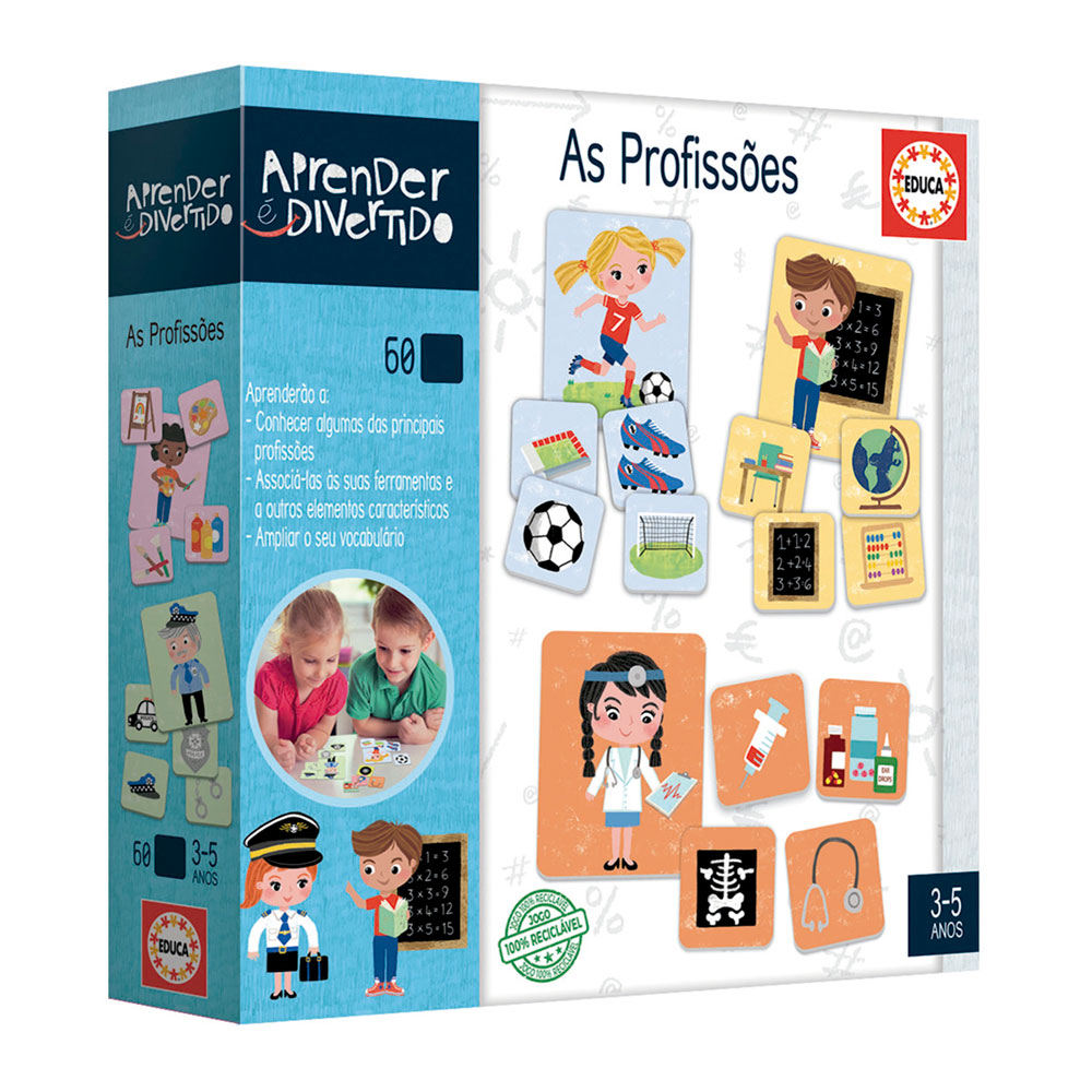 Jogo educativo 'Aprender é Divertido - As Profissões' para crianças com imagens de profissões e elementos associados