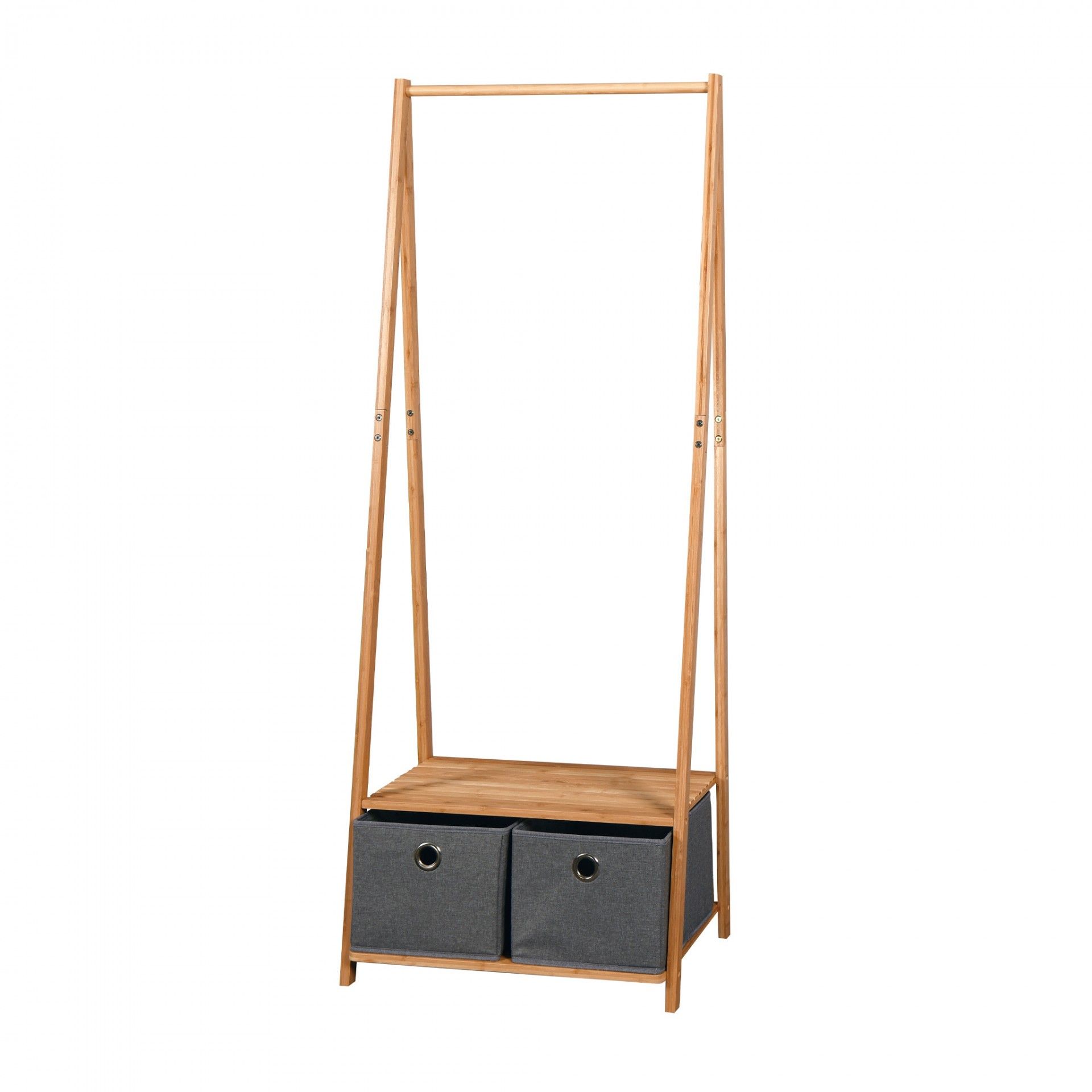 Móvel de madeira clara com estrutura para pendurar roupas e gavetas cinzentas