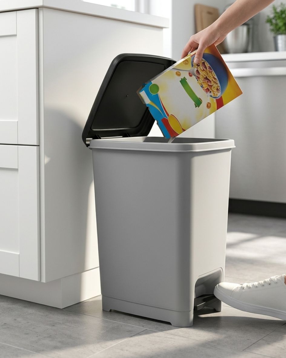 Contentor de lixo cinza com tampa preta aberta numa cozinha
