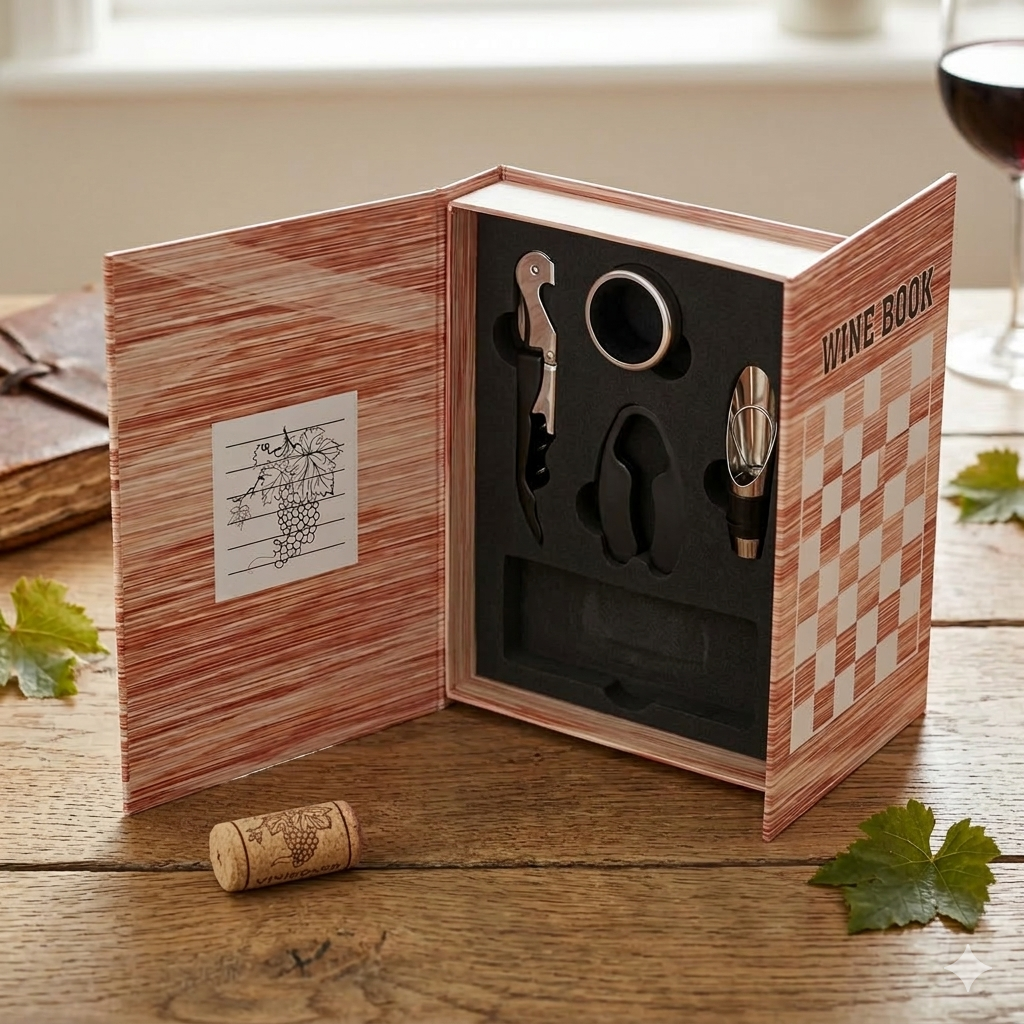 Conjunto de acessórios para vinho em caixa formato livro com padrão xadrez e acessórios de aço inox