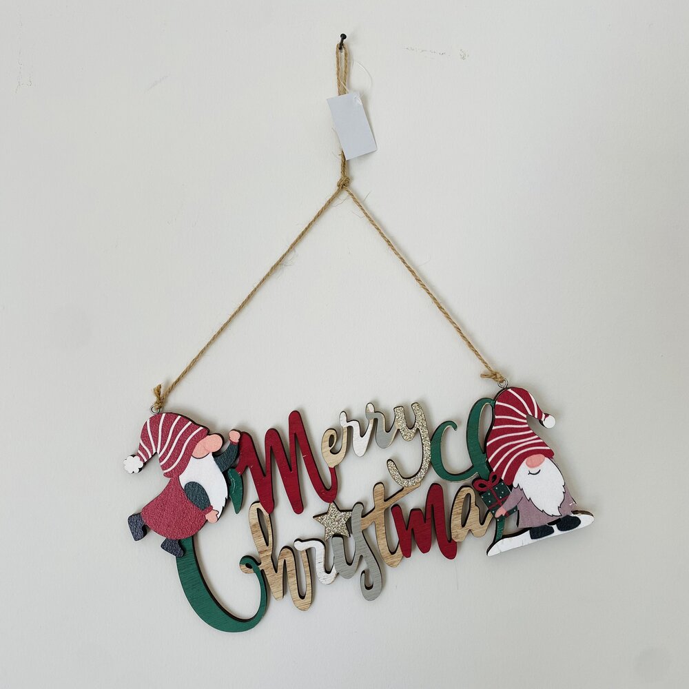 Placa decorativa de Natal com a frase Merry Christmas e duendes coloridos