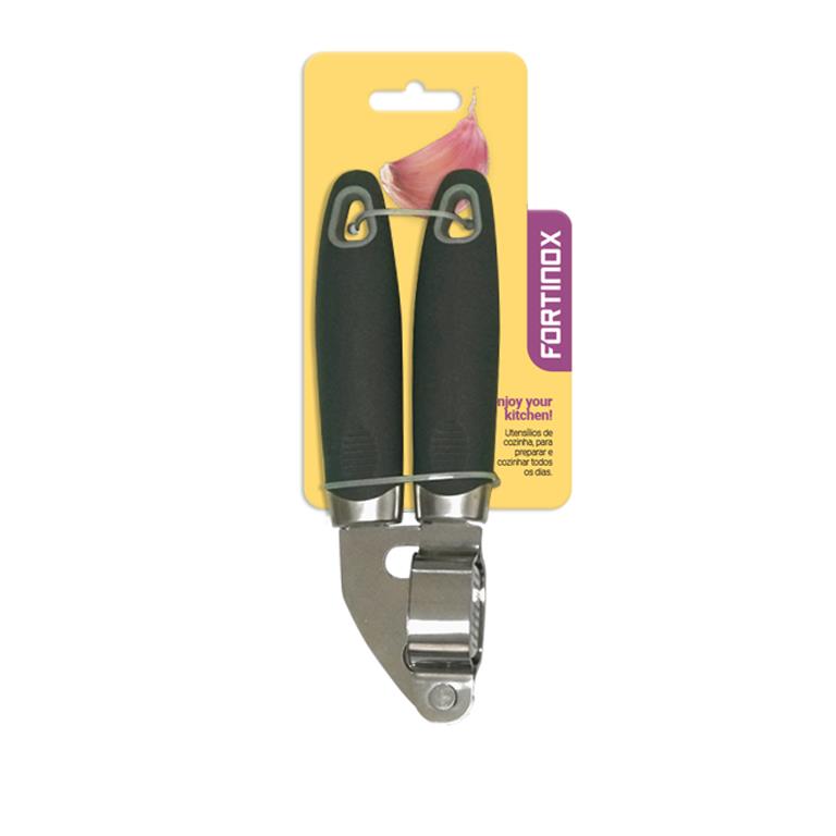 Descascador de alho metálico com cabo preto em embalagem amarela